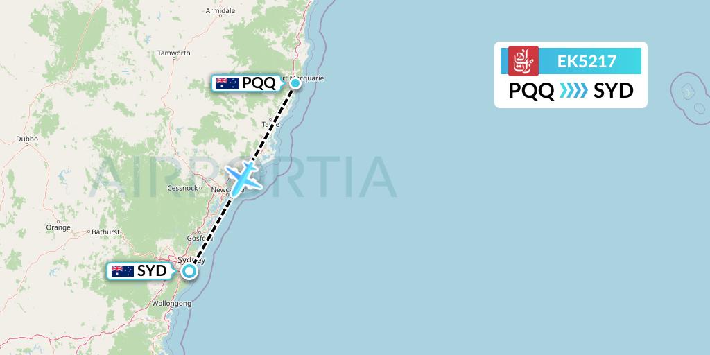 EK5217 Emirates Flight Map: Port Macquarie to Sydney