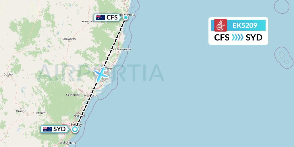 EK5209 Emirates Flight Map: Coffs Harbour to Sydney