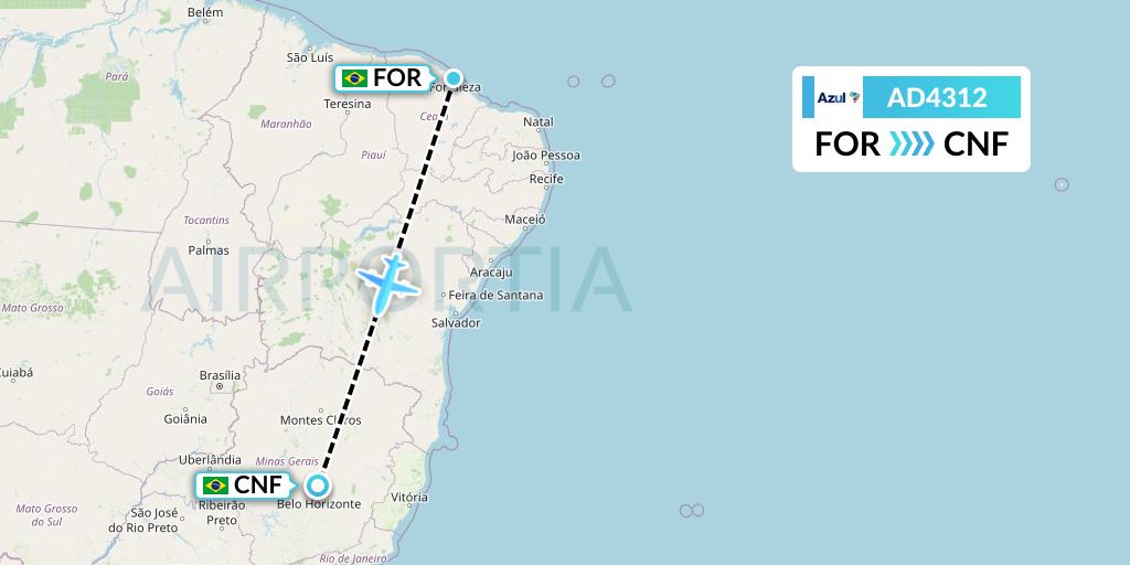 AD4312 Azul Brazilian Airlines Flight Map: Fortaleza to Belo Horizonte