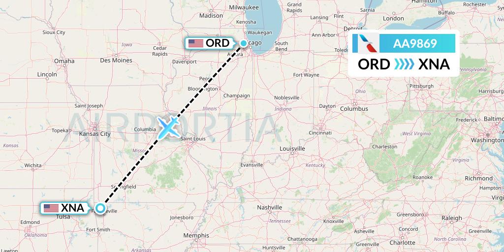 AA9869 American Airlines Flight Map: Chicago to Bentonville