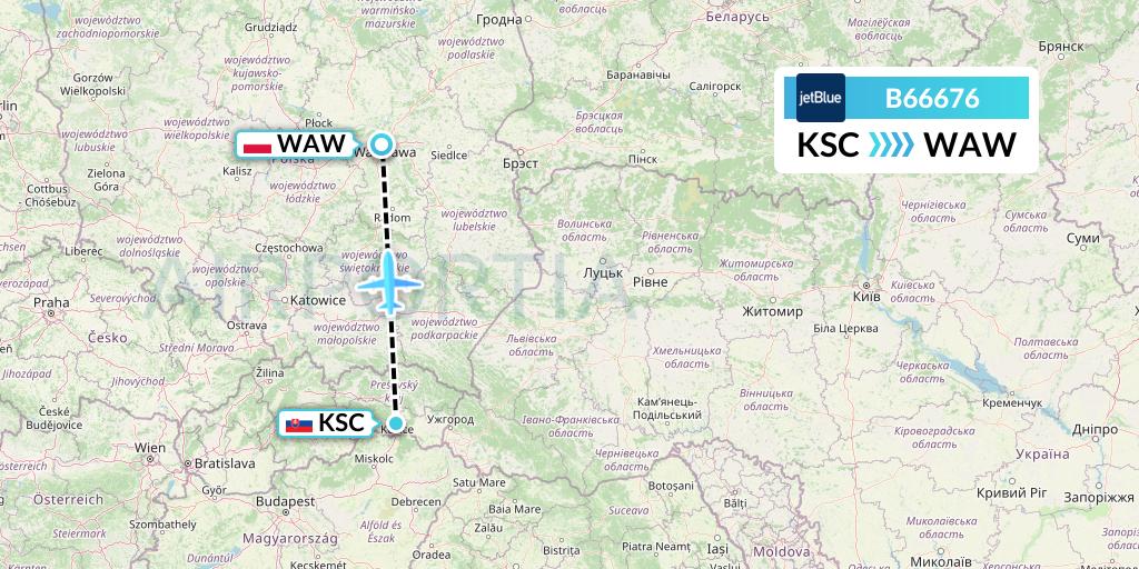 B66676 JetBlue Airways Flight Map: Kosice to Warsaw