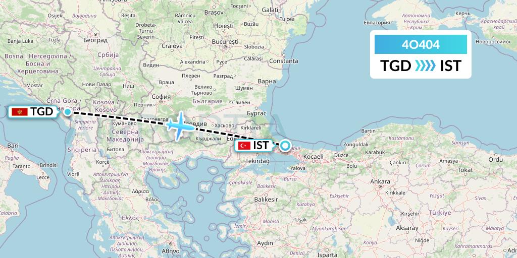 4O404 Air Montenegro Flight Map: Podgorica to Istanbul