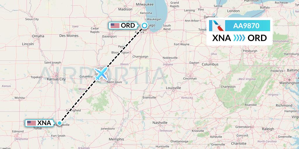 AA9870 American Airlines Flight Map: Bentonville to Chicago