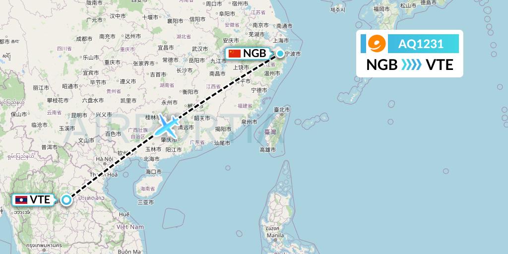 AQ1231 9 Air Flight Map: Ningbo to Vientiane