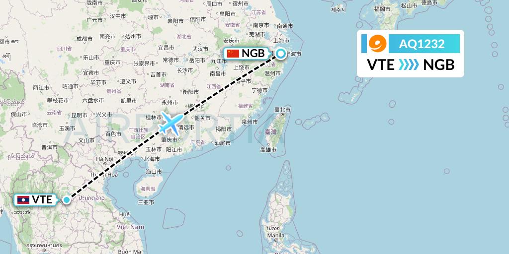 AQ1232 9 Air Flight Map: Vientiane to Ningbo