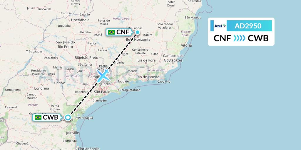 AD2950 Azul Brazilian Airlines Flight Map: Belo Horizonte to Curitiba