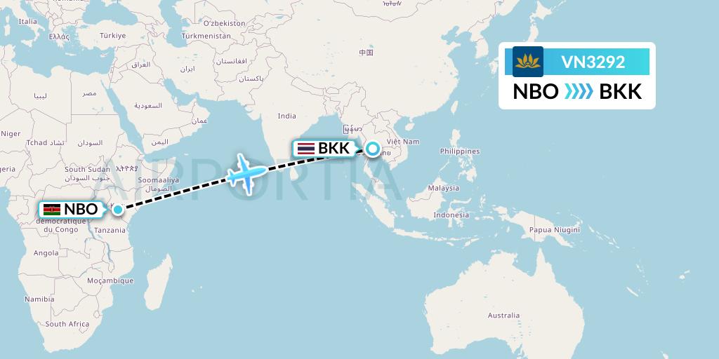 VN3292 Vietnam Airlines Flight Map: Nairobi to Bangkok