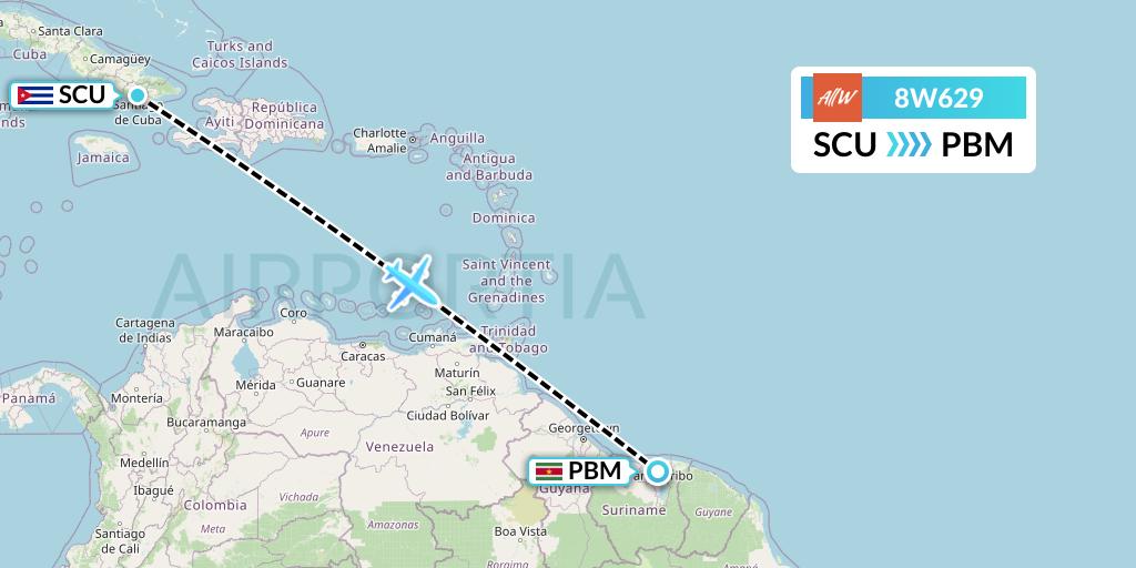 8W629 Fly AllWays Flight Map: Santiago de Cuba to Paramaribo