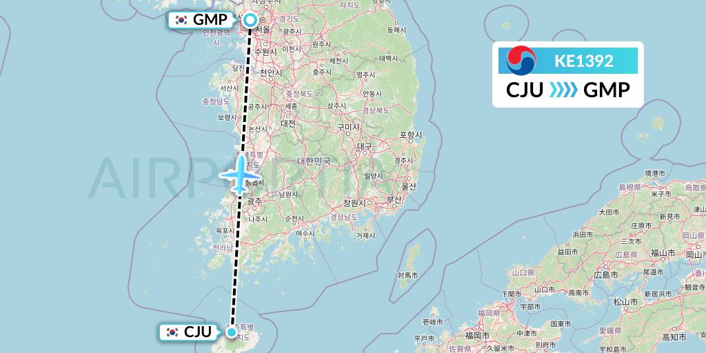KE1392 Korean Air Flight Map: Jeju to Seoul