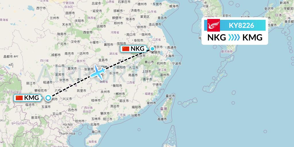 KY8226 Kunming Airlines Flight Map: Nanjing to Kunming