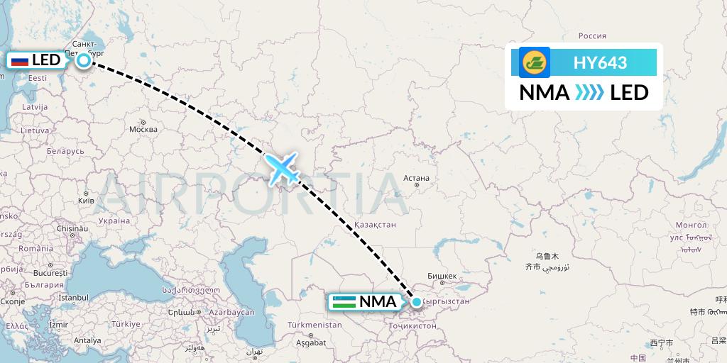 HY643 Uzbekistan Airways Flight Map: Namangan to St. Petersburg