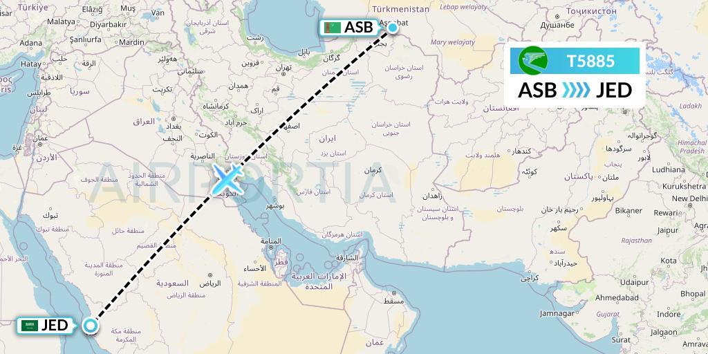 T5885 Turkmenistan Airlines Flight Map: Ashgabat to Jeddah