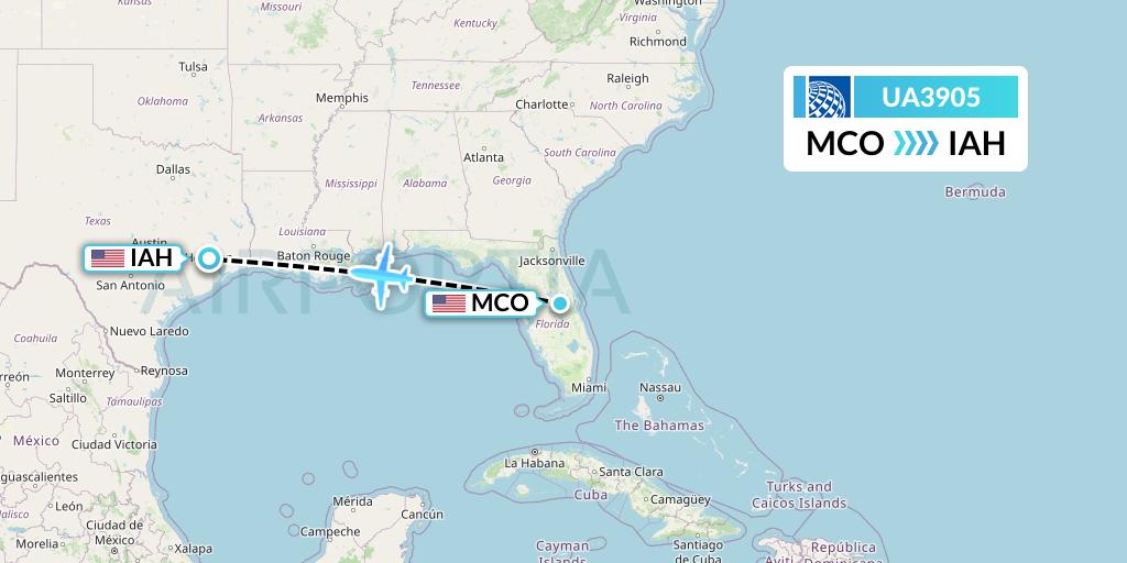 UA3905 United Airlines Flight Map: Orlando to Houston