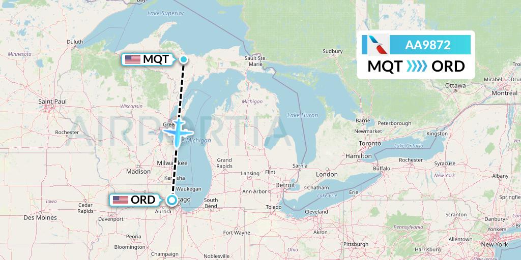 AA9872 American Airlines Flight Map: Marquette to Chicago