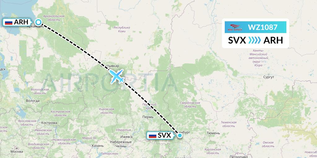 WZ1087 Red Wings Flight Map: Yekaterinburg to Arkhangelsk