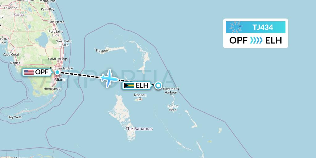 TJ434 Tradewind Aviation Flight Map: Miami to North Eleuthera
