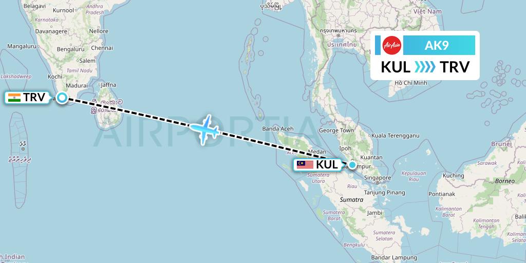 AK9 AirAsia Flight Map: Kuala Lumpur to Thiruvananthapuram