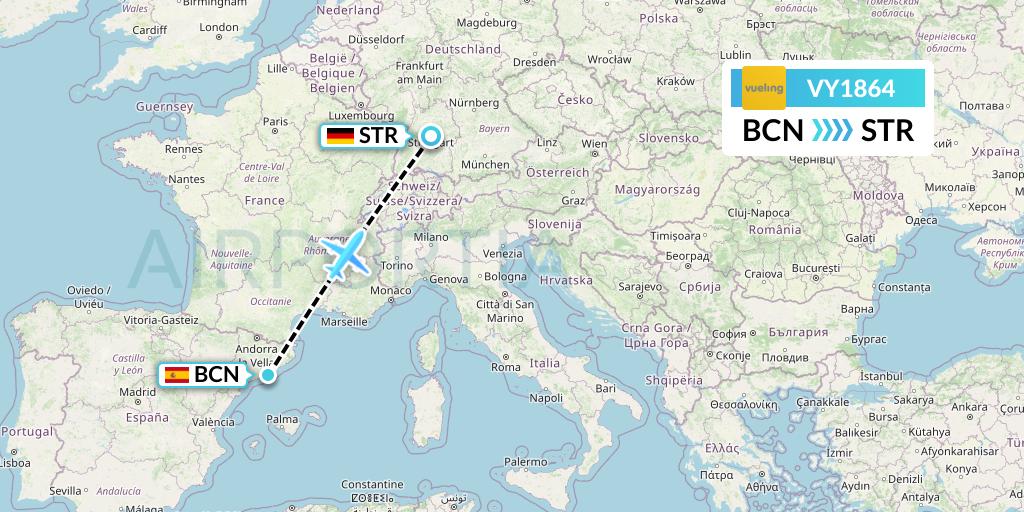 VY1864 Vueling Flight Map: Barcelona to Stuttgart