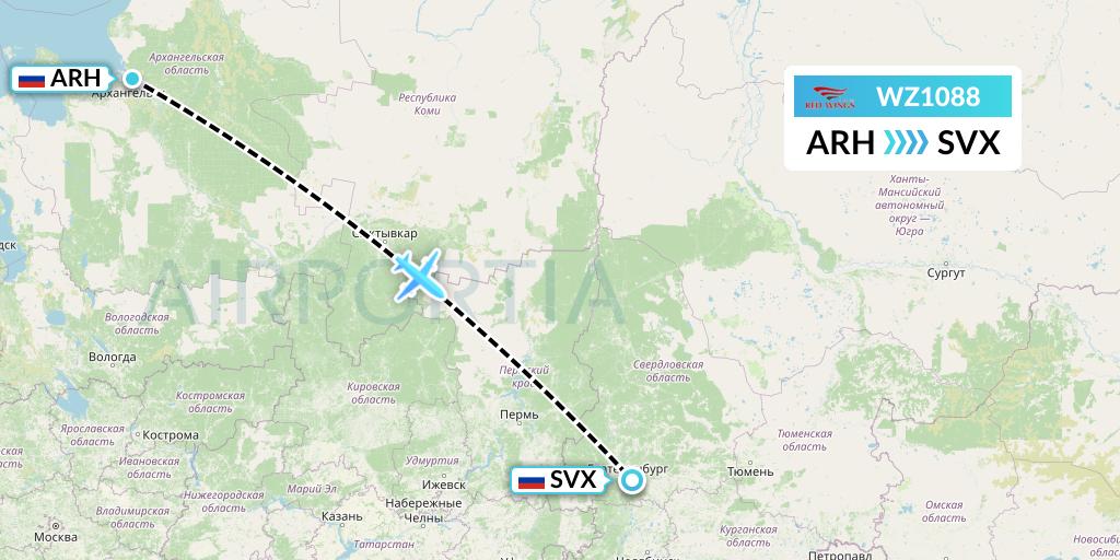 WZ1088 Red Wings Flight Map: Arkhangelsk to Yekaterinburg