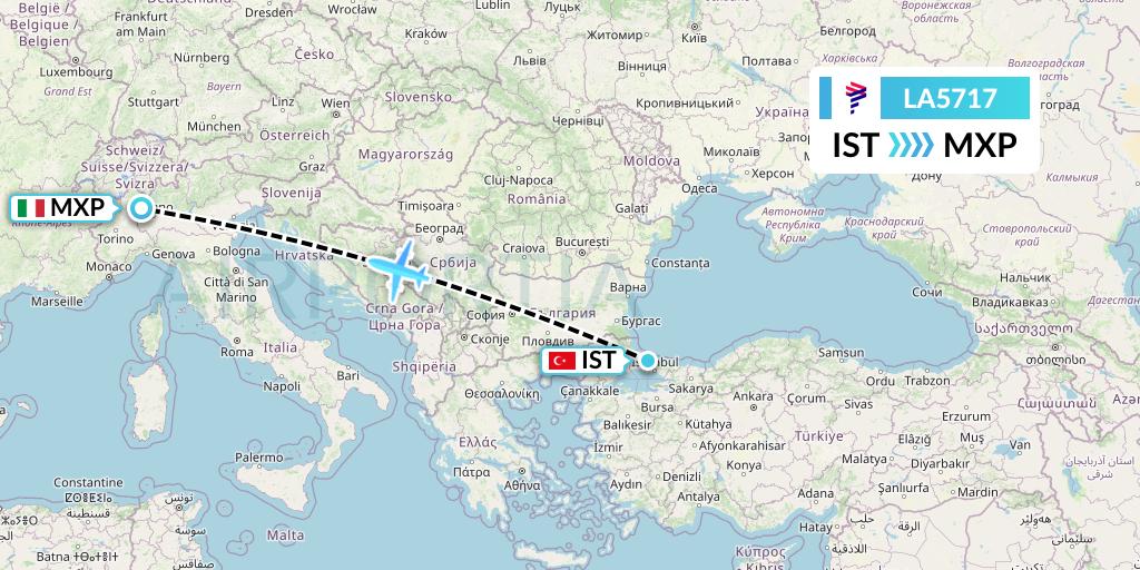 LA5717 LAN Airlines Flight Map: Istanbul to Milan