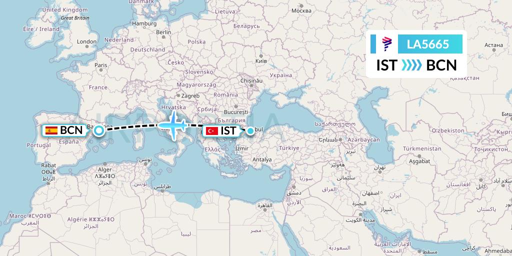 LA5665 LAN Airlines Flight Map: Istanbul to Barcelona