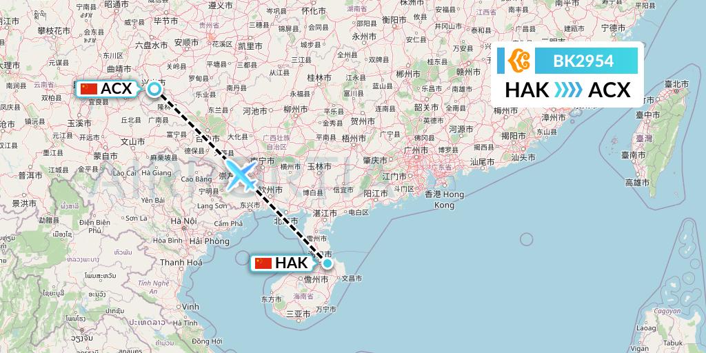 BK2954 Okay Airways Flight Map: Haikou to Xingyi
