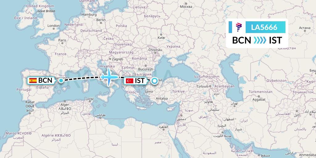 LA5666 LAN Airlines Flight Map: Barcelona to Istanbul