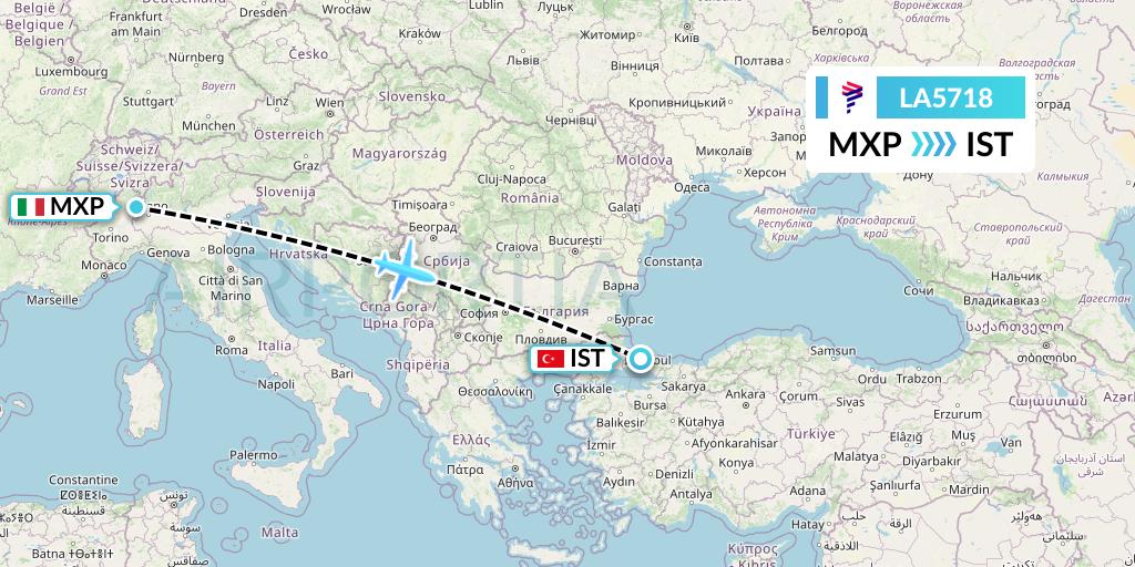 LA5718 LAN Airlines Flight Map: Milan to Istanbul