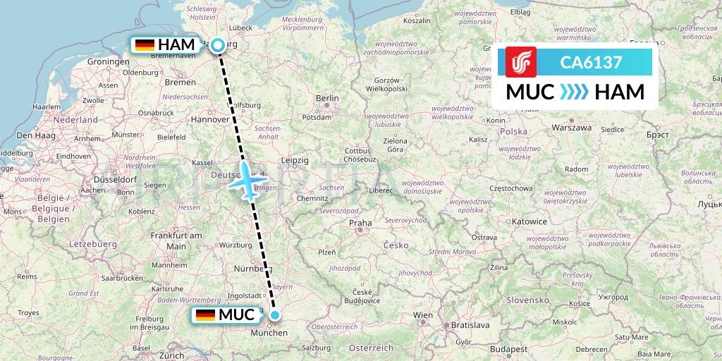 CA6137 Air China Flight Map: Munich to Hamburg