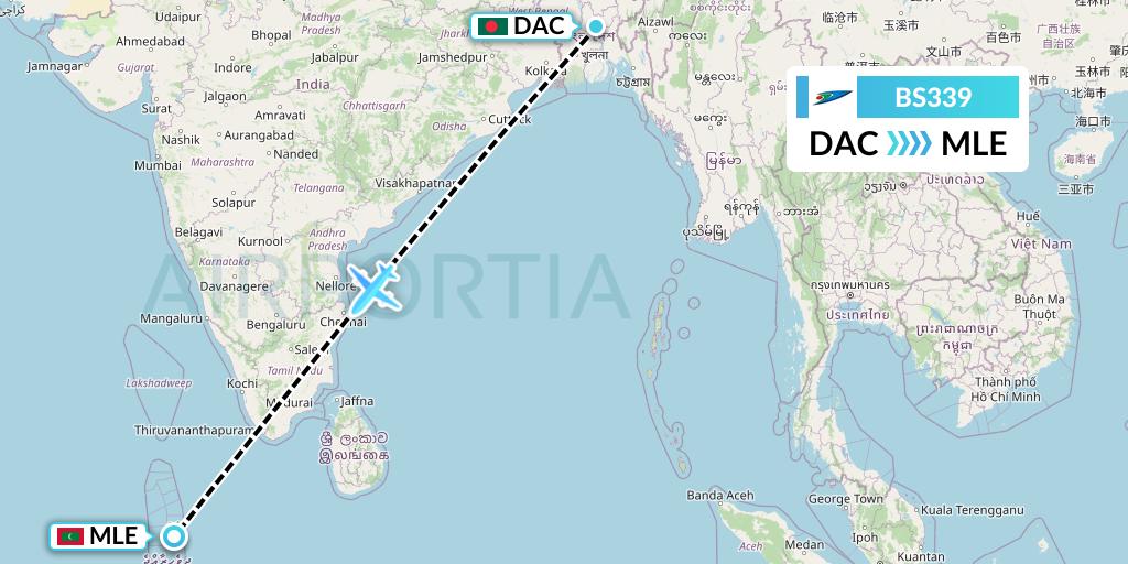 BS339 US-Bangla Airlines Flight Map: Dhaka to Male