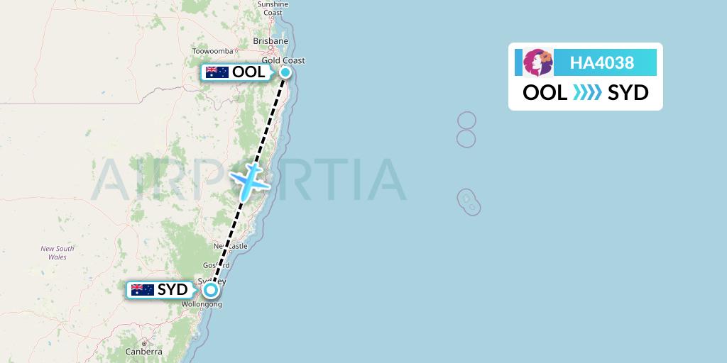 HA4038 Hawaiian Airlines Flight Map: Gold Coast to Sydney