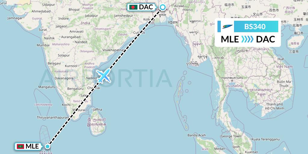 BS340 US-Bangla Airlines Flight Map: Male to Dhaka