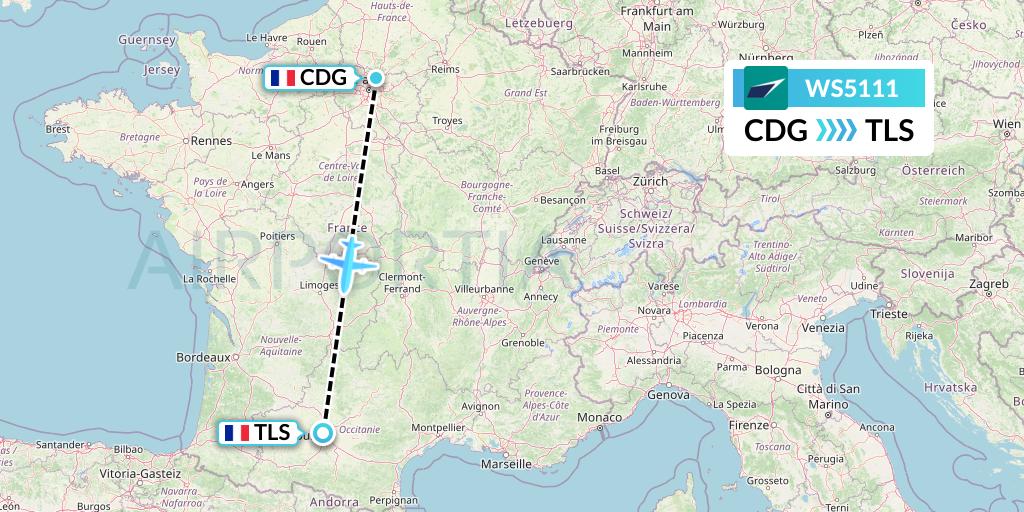 WS5111 WestJet Flight Map: Paris to Toulouse