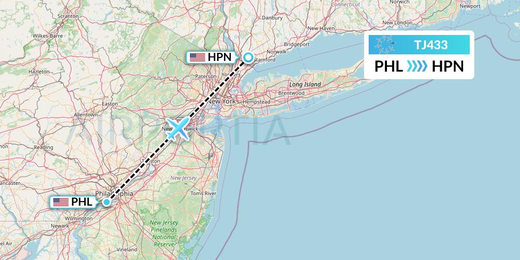 TJ433 Tradewind Aviation Flight Map: Philadelphia to White Plains