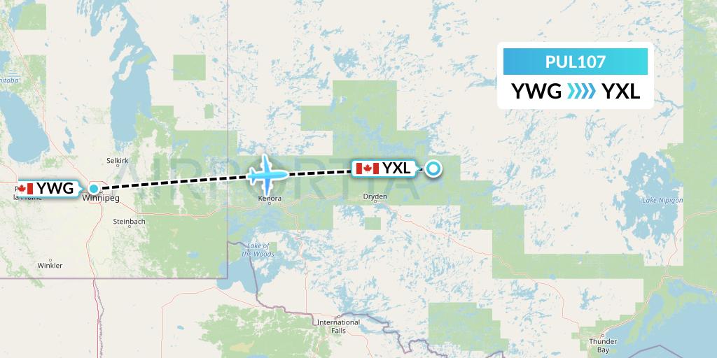 PUL107 Ornge Air Flight Map: Winnipeg to Sioux Lookout