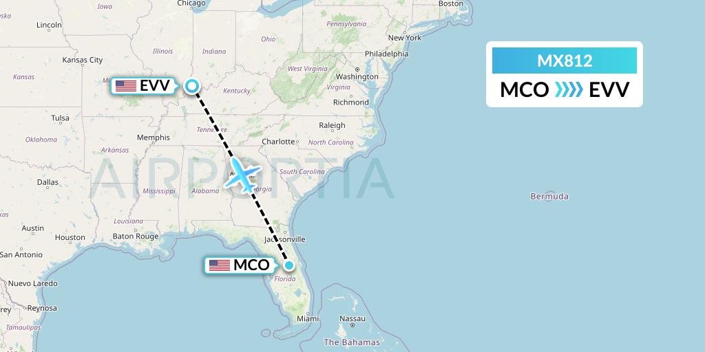 MX812 Breeze Airways Flight Map: Orlando to Evansville