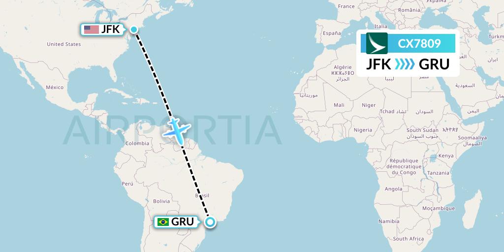 CX7809 Cathay Pacific Flight Map: New York to Sao Paulo