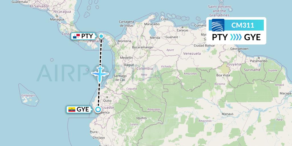 CM311 Copa Airlines Flight Map: Panama City to Guayaquil