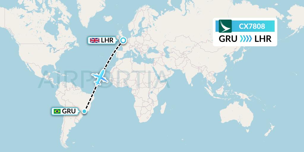 CX7808 Cathay Pacific Flight Map: Sao Paulo to London