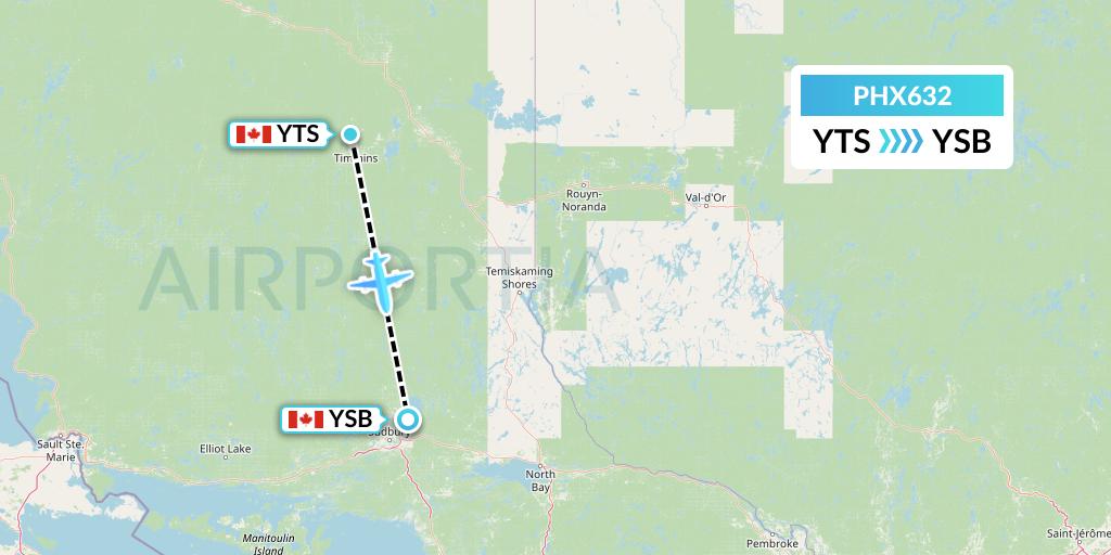 PHX632 SkyCare Flight Map: Timmins to Sudbury