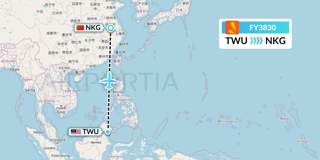 FY3830 Firefly Flight Map: Tawau to Nanjing