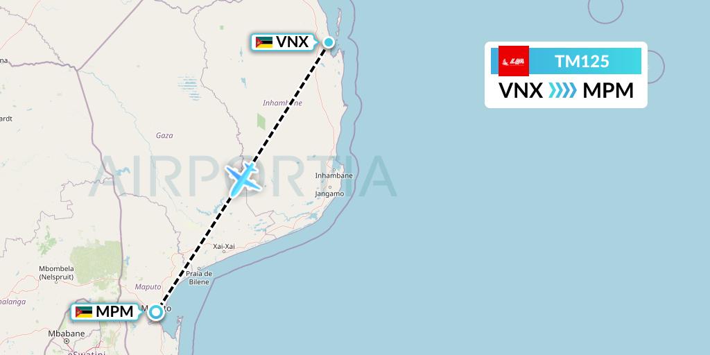 TM125 LAM Mozambique Airlines Flight Map: Vilankulo to Maputo