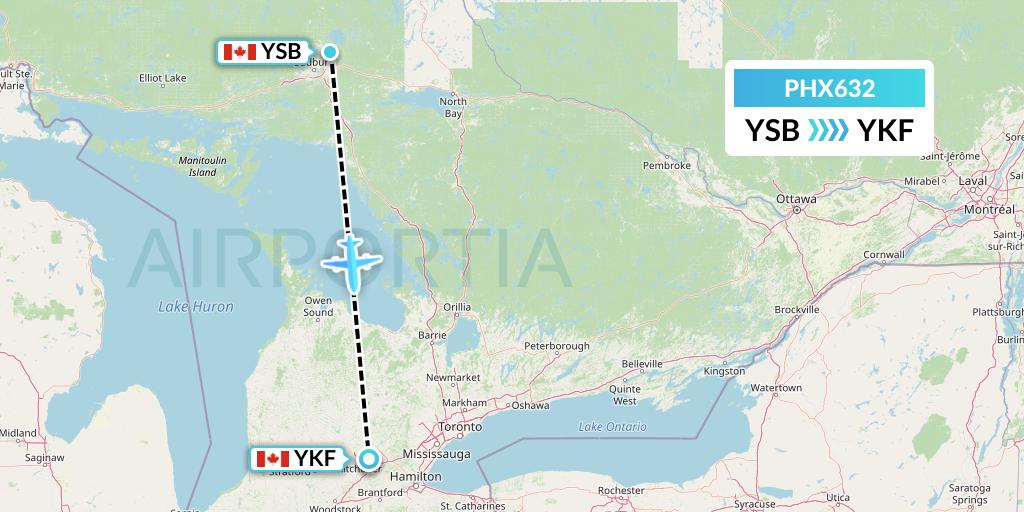PHX632 SkyCare Flight Map: Sudbury to Waterloo