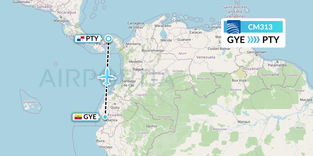 CM313 Copa Airlines Flight Map: Guayaquil to Panama City