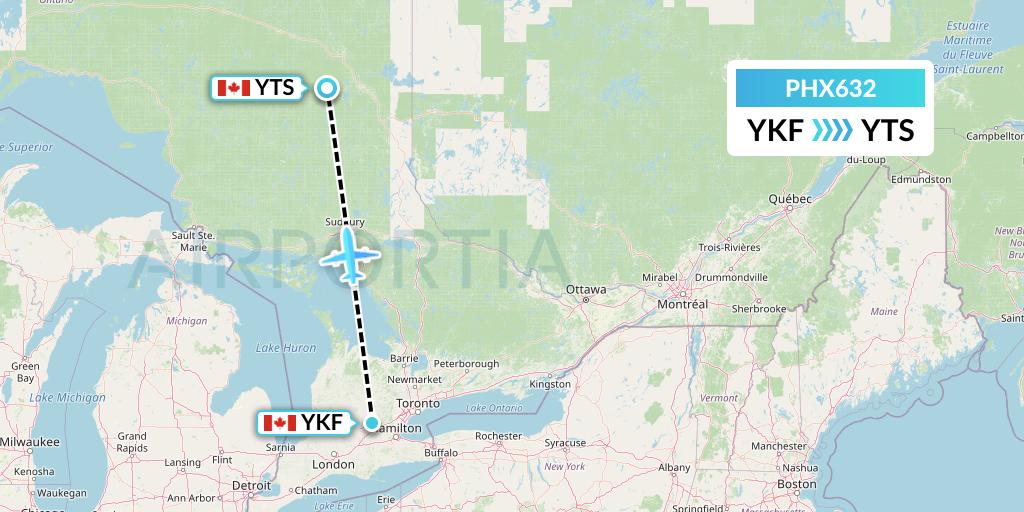 PHX632 SkyCare Flight Map: Waterloo to Timmins