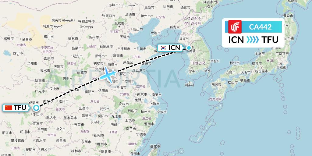 CA442 Air China Flight Map: Seoul to Chengdu