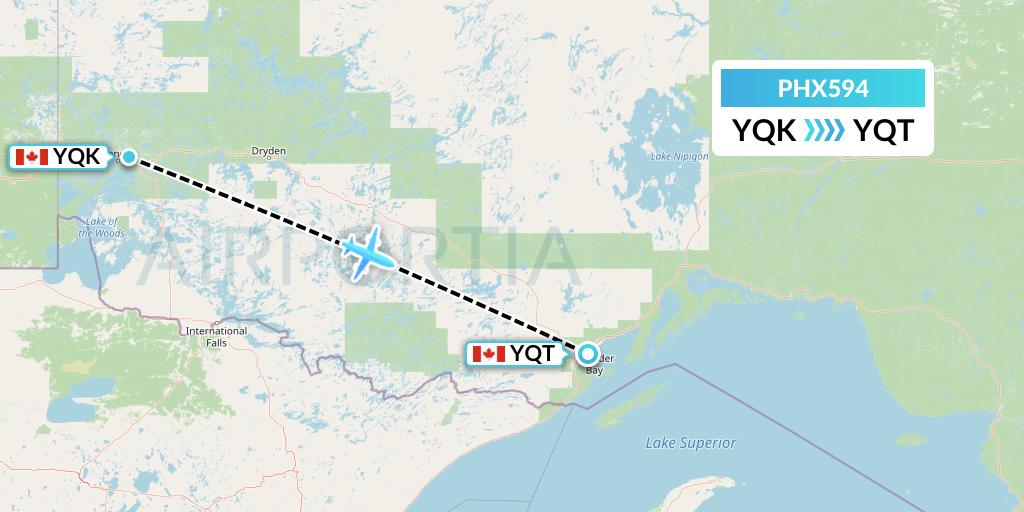 PHX594 SkyCare Flight Map: Kenora to Thunder Bay