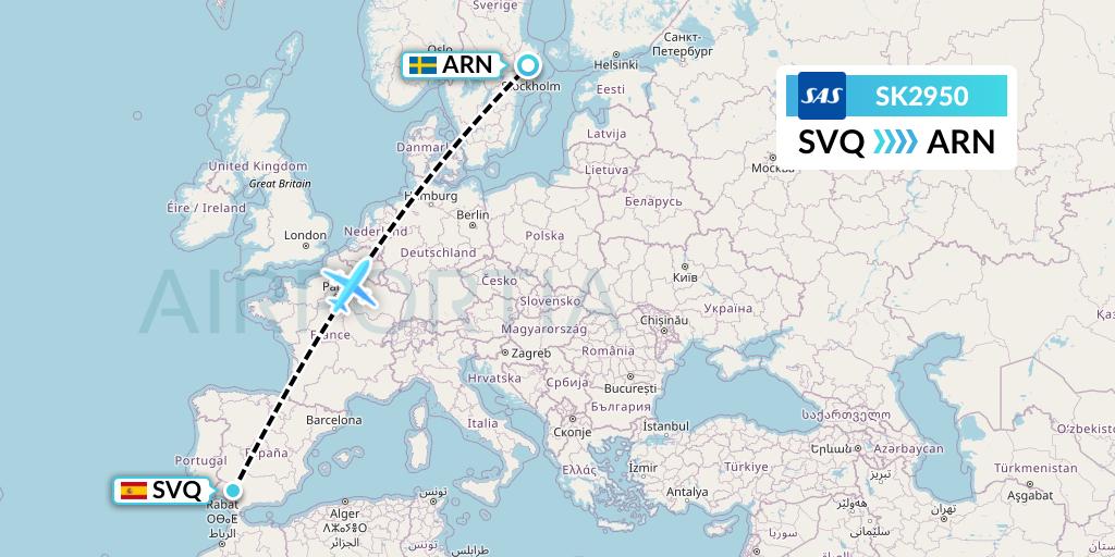 SK2950 SAS Flight Map: Seville to Stockholm