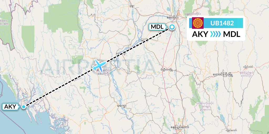 UB1482 Myanmar National Airlines Flight Map: Sittwe to Mandalay