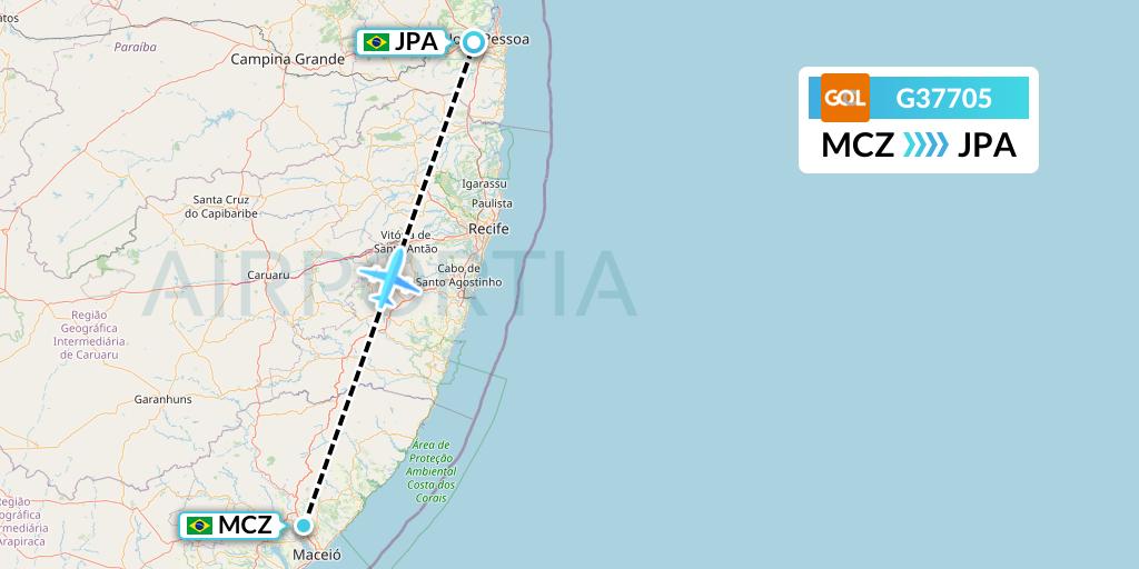 G37705 GOL Transportes Aeros Flight Map: Maceio to Joao Pessoa